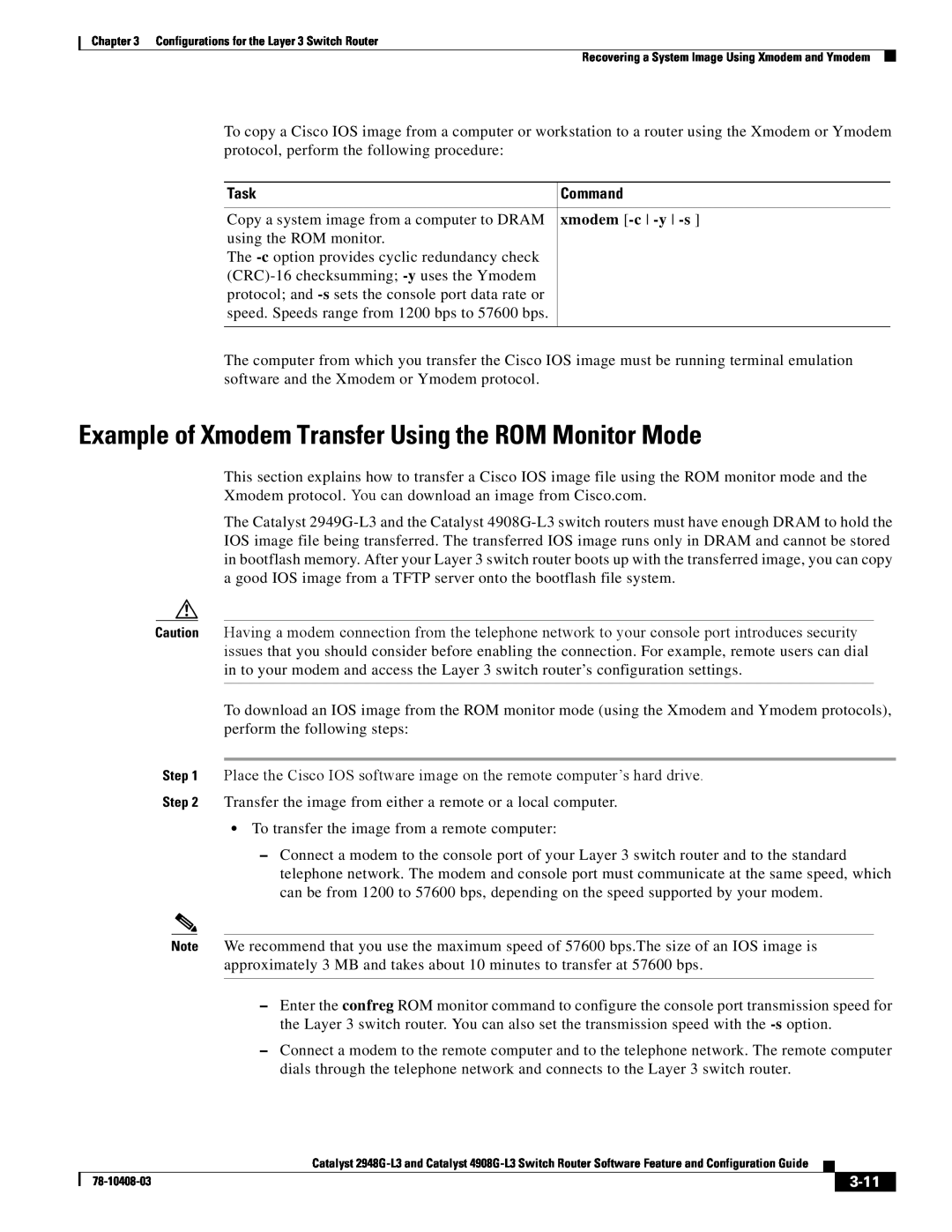 Cisco Systems 2948G-L3 manual Example of Xmodem Transfer Using the ROM Monitor Mode, Task, xmodem -c -y -s, 3-11, Command 