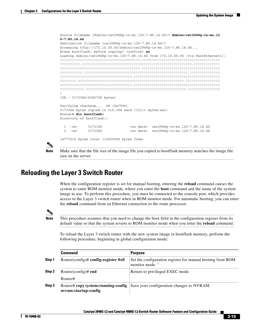 Cisco Systems 2948G-L3 manual Reloading the Layer 3 Switch Router, Routerconfig# config-register, nvramstartup-config, 3-15 