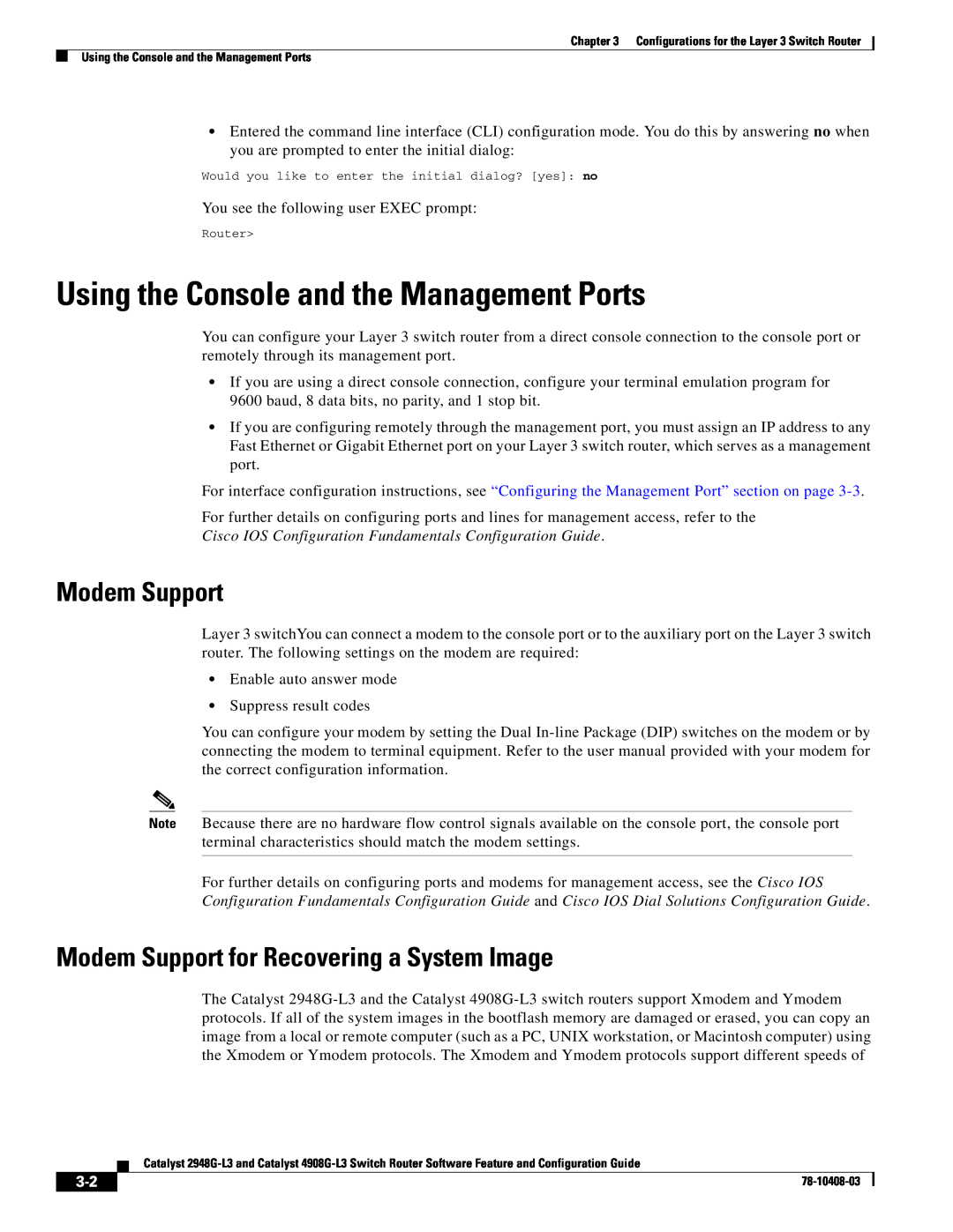 Cisco Systems 4908G-L3, 2948G-L3 manual Using the Console and the Management Ports, Modem Support 