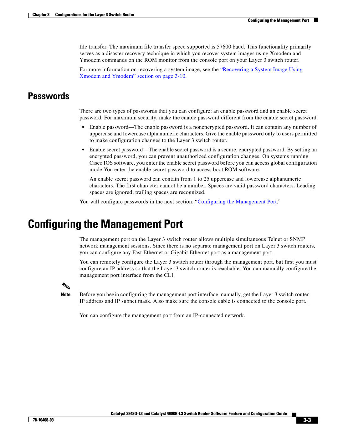Cisco Systems 2948G-L3, 4908G-L3 manual Configuring the Management Port, Passwords 