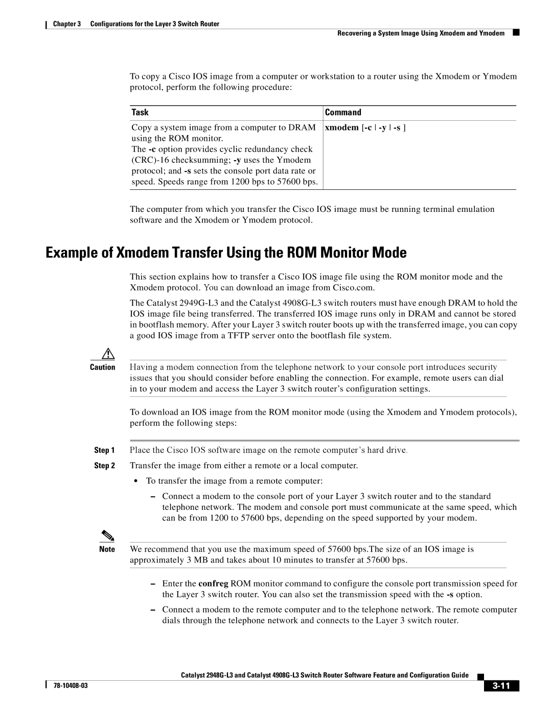 Cisco Systems 2948G-L3, 4908G-L3 manual Example of Xmodem Transfer Using the ROM Monitor Mode, Xmodem -c -y -s 