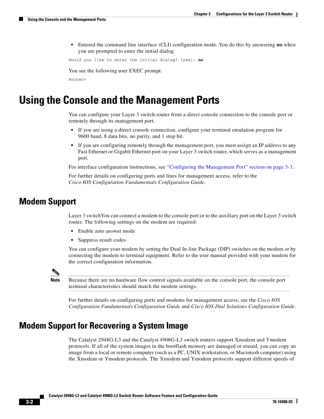 Cisco Systems 4908G-L3, 2948G-L3 manual Using the Console and the Management Ports, Modem Support 