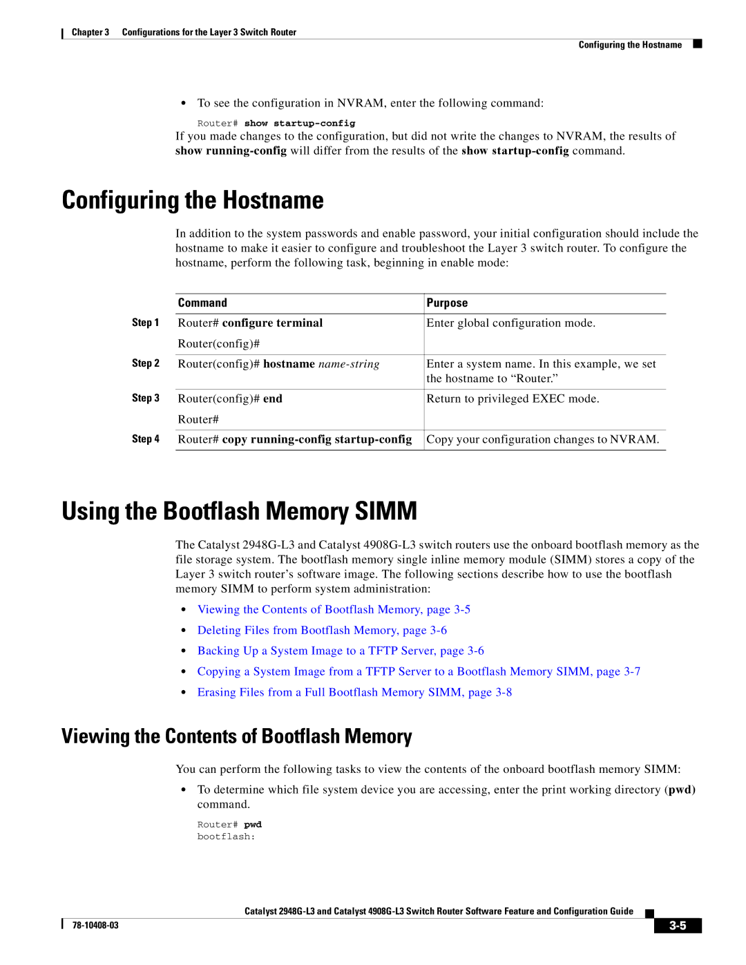Cisco Systems 2948G-L3 Configuring the Hostname, Using the Bootflash Memory Simm, Viewing the Contents of Bootflash Memory 