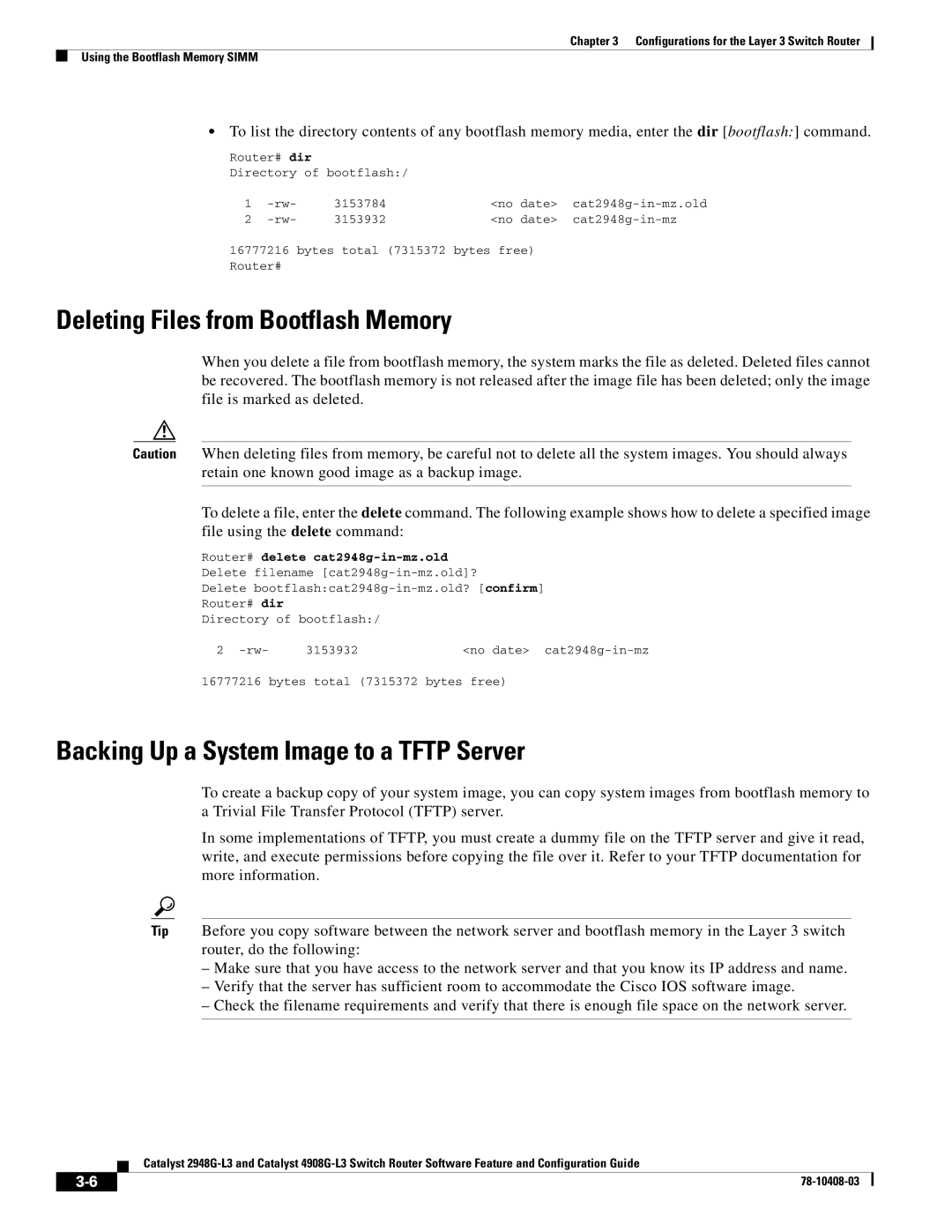 Cisco Systems 4908G-L3, 2948G-L3 manual Deleting Files from Bootflash Memory, Backing Up a System Image to a Tftp Server 