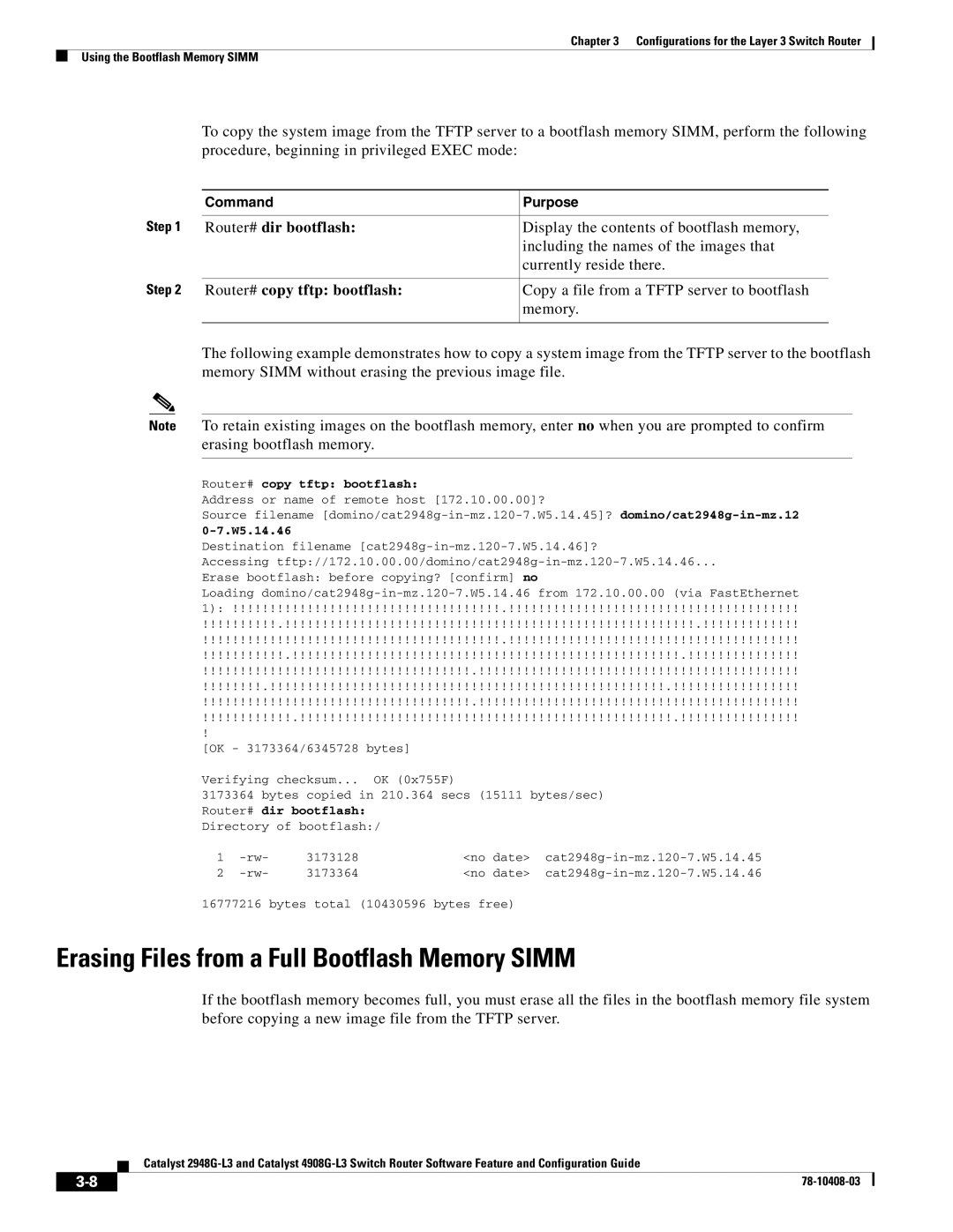 Cisco Systems 4908G-L3, 2948G-L3 manual Erasing Files from a Full Bootflash Memory Simm, Router# copy tftp bootflash 