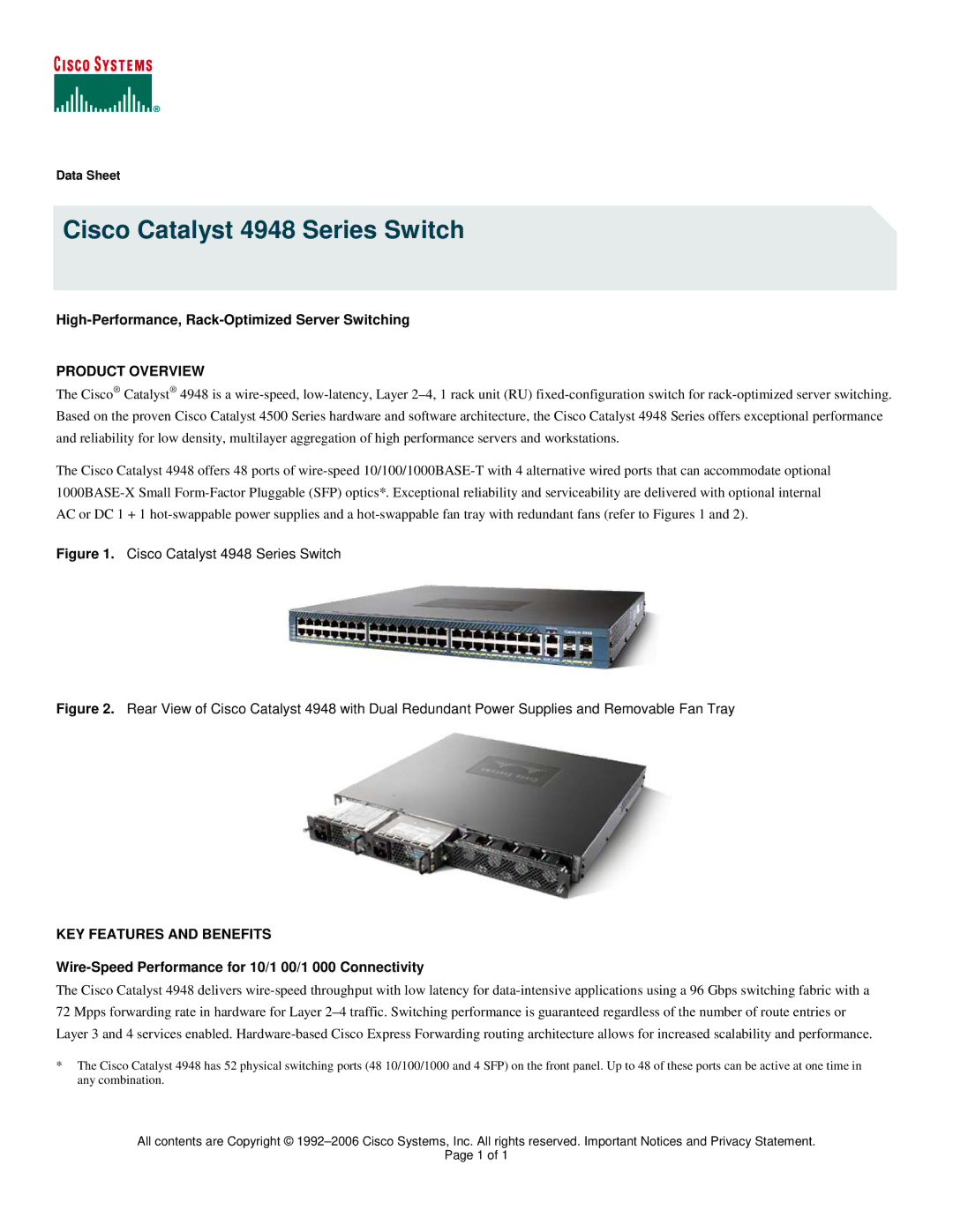 Cisco Systems 4948 Series manual High-Performance, Rack-Optimized Server Switching, Product Overview, Data Sheet 