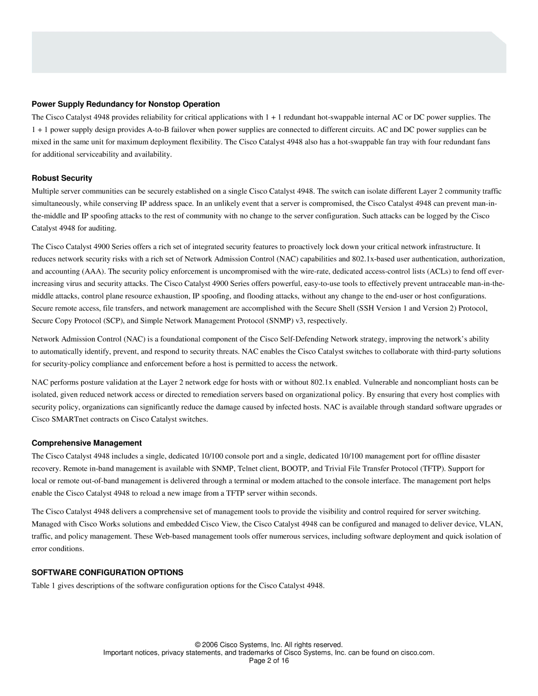 Cisco Systems 4948 Series manual Power Supply Redundancy for Nonstop Operation, Robust Security, Comprehensive Management 