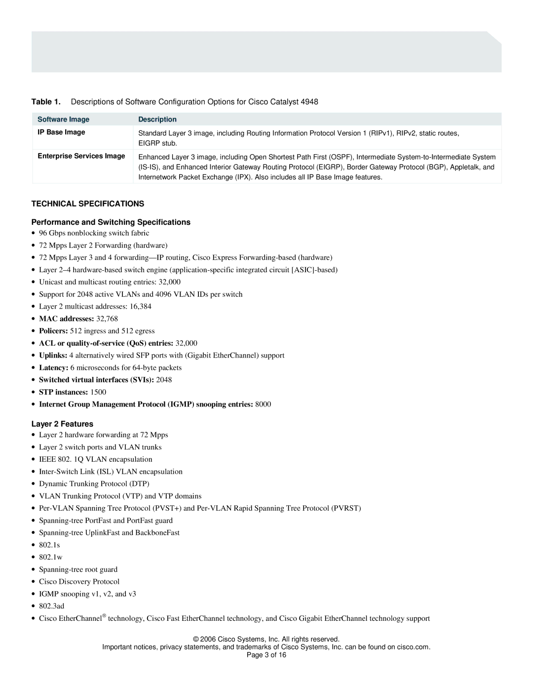 Cisco Systems 4948 Series manual Technical Specifications, Performance and Switching Specifications, ∙ MAC addresses 32,768 