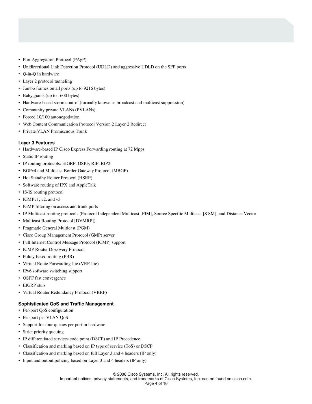 Cisco Systems 4948 Series manual Layer 3 Features, Sophisticated QoS and Traffic Management 