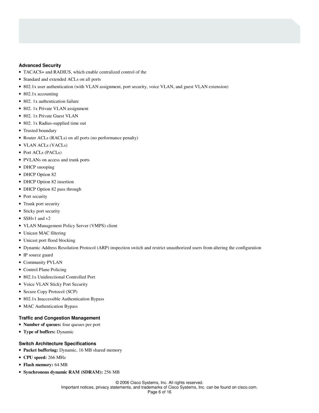 Cisco Systems 4948 Series manual Advanced Security, Traffic and Congestion Management, ∙ Type of buffers Dynamic 