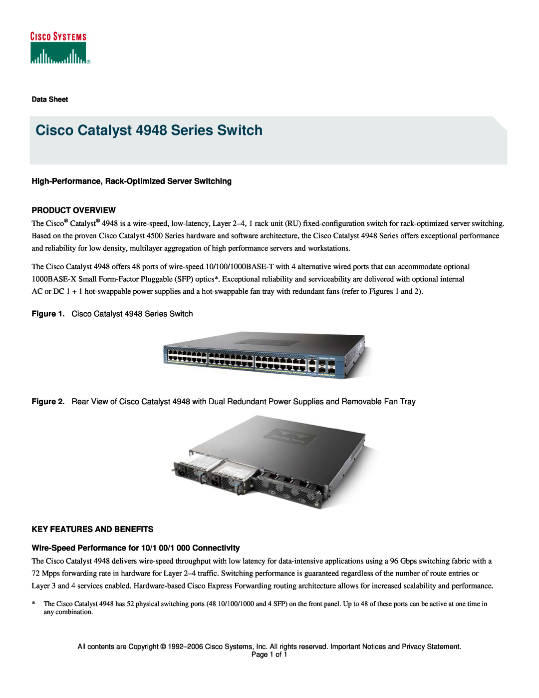 Cisco Systems 4948 Series manual High-Performance, Rack-Optimized Server Switching PRODUCT OVERVIEW 