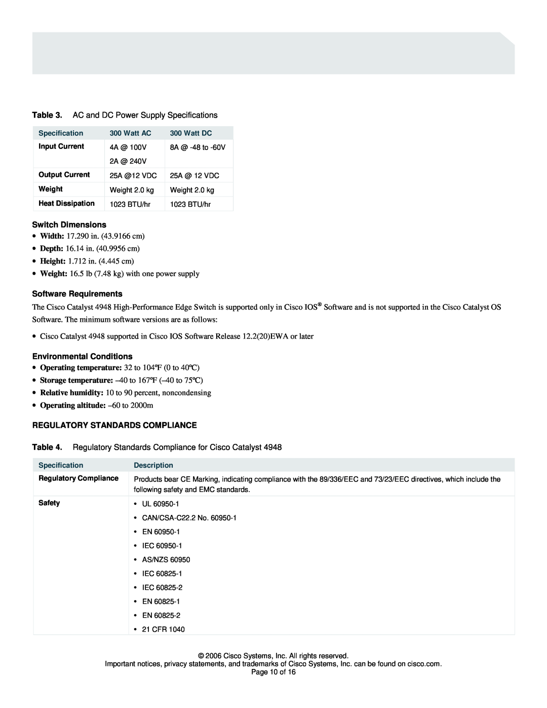 Cisco Systems 4948 Series manual Switch Dimensions, Software Requirements, Environmental Conditions 