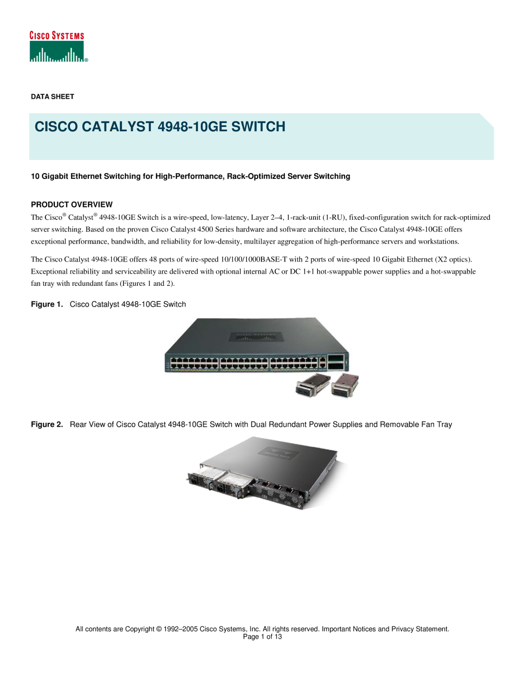 Cisco Systems 4948 manual Product Overview, Data Sheet 