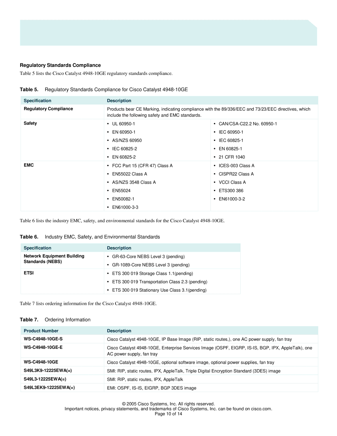 Cisco Systems 4948 manual Regulatory Standards Compliance, Industry EMC, Safety, and Environmental Standards, Emc, Etsi 