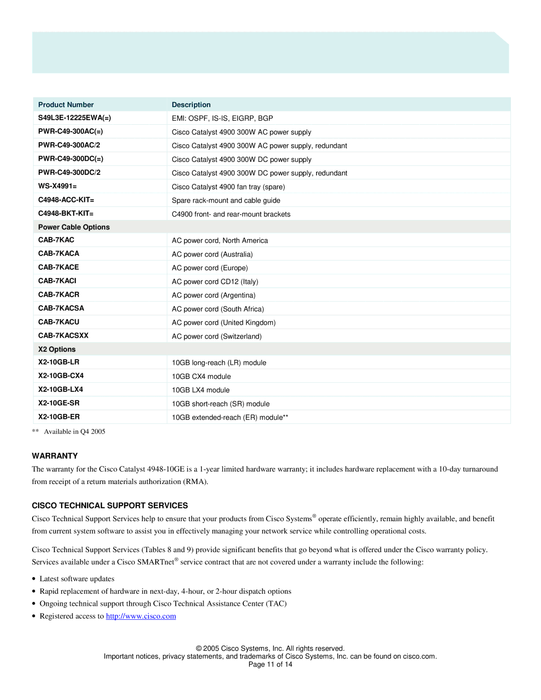 Cisco Systems 4948 manual Warranty, Cisco Technical Support Services 