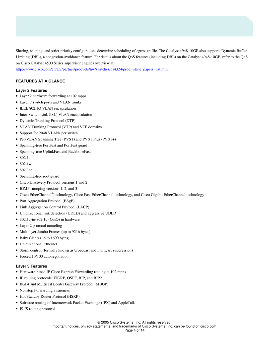 Cisco Systems 4948 manual Features AT a Glance, Layer 2 Features, Layer 3 Features 