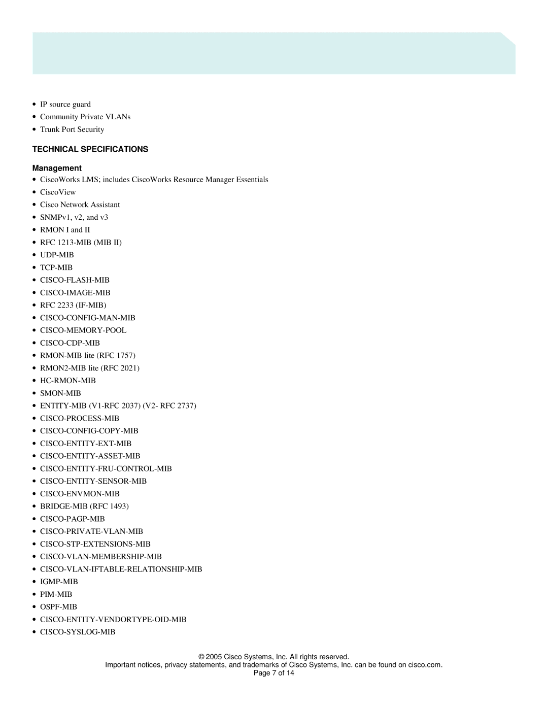 Cisco Systems 4948 manual Technical Specifications, Management 