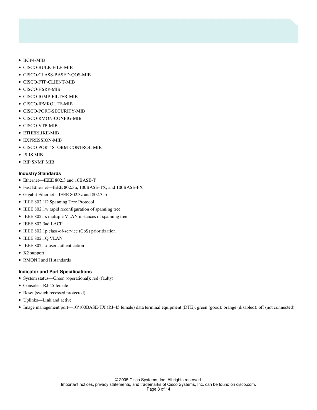 Cisco Systems 4948 manual Industry Standards, Indicator and Port Specifications 