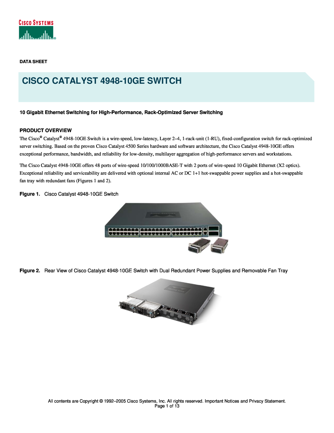 Cisco Systems manual Product Overview, CISCO CATALYST 4948-10GE SWITCH 