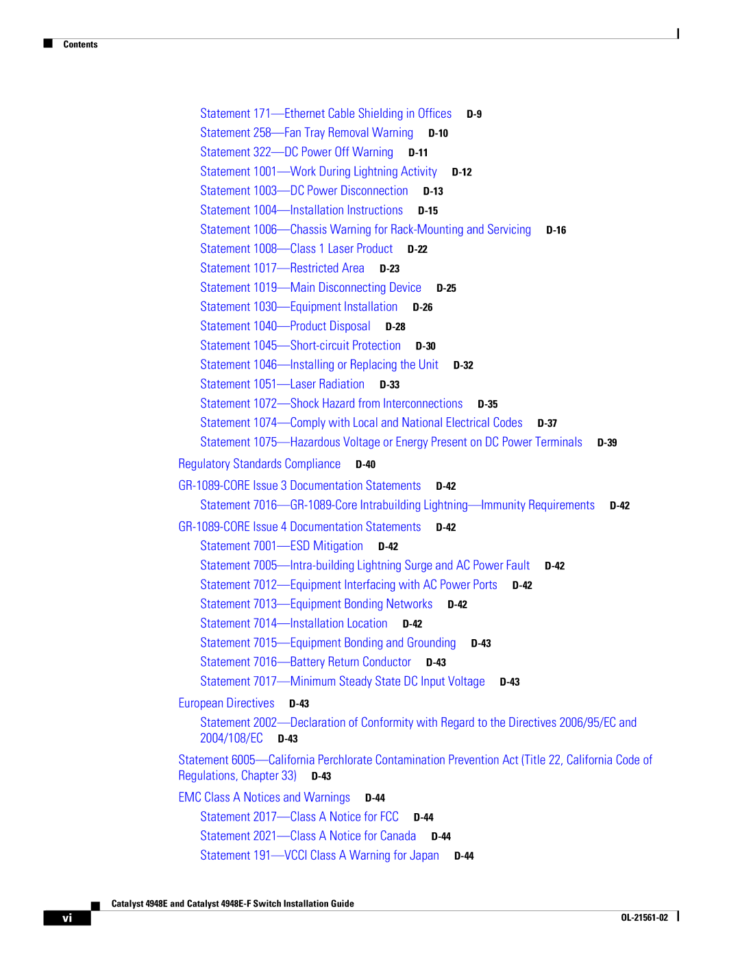 Cisco Systems 4948E-F manual Statement 7014-Installation Location D-42 