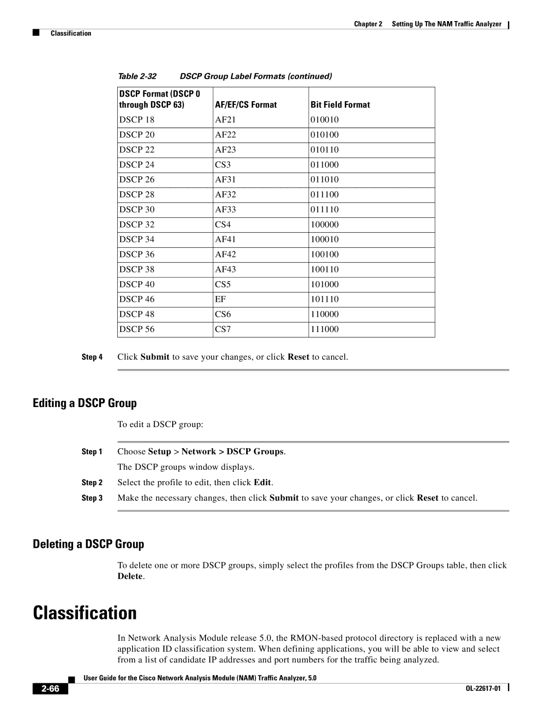 Cisco Systems 5, NAM manual Classification, Editing a Dscp Group, Deleting a Dscp Group 