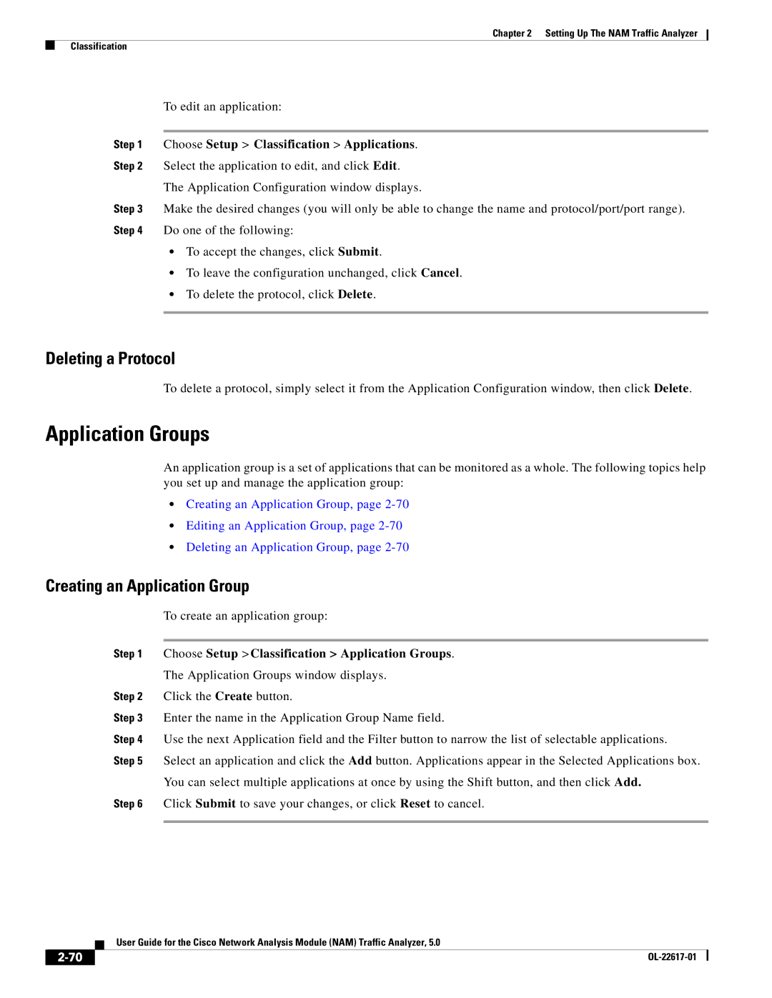 Cisco Systems 5, NAM manual Application Groups, Deleting a Protocol, Creating an Application Group 