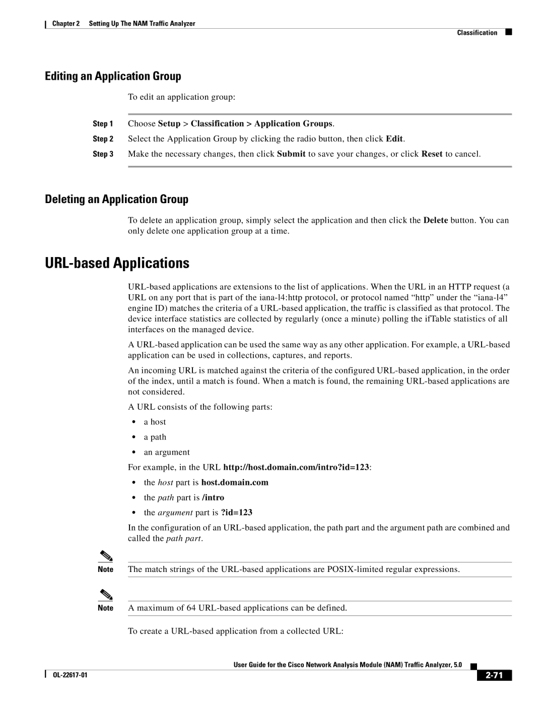 Cisco Systems NAM, 5 manual URL-based Applications, Editing an Application Group, Deleting an Application Group 