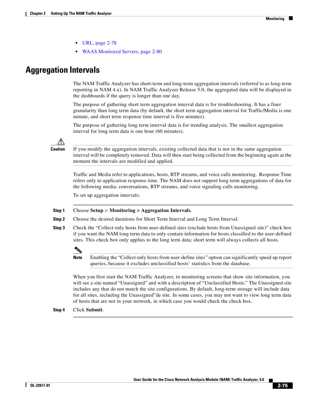 Cisco Systems NAM, 5 manual URL, Waas Monitored Servers, Choose Setup Monitoring Aggregation Intervals 