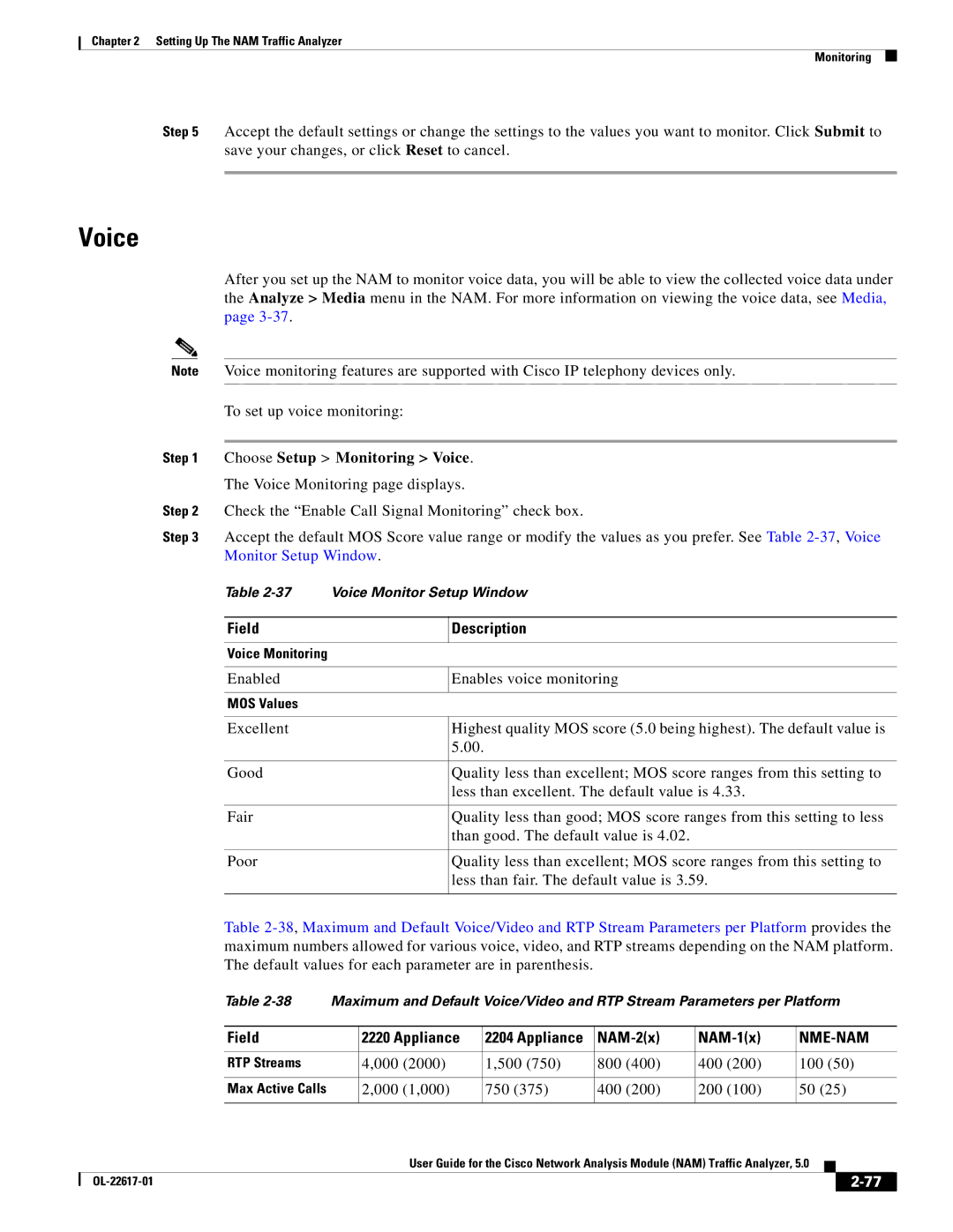 Cisco Systems 5 manual Choose Setup Monitoring Voice, Monitor Setup Window, Field Appliance, NAM-2x NAM-1x 