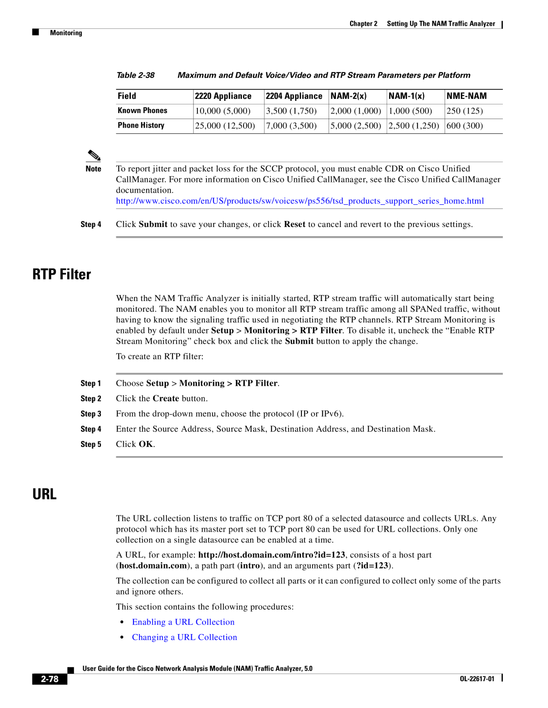 Cisco Systems NAM manual 10,000 500 1,750 000 1,000 250, Choose Setup Monitoring RTP Filter 