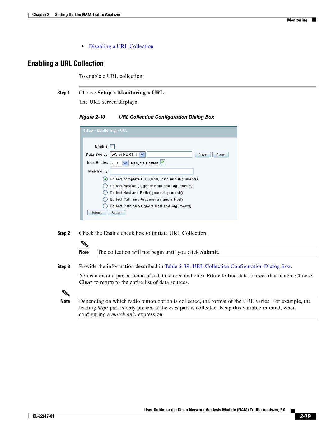 Cisco Systems NAM, 5 manual Enabling a URL Collection, Disabling a URL Collection, Choose Setup Monitoring URL 