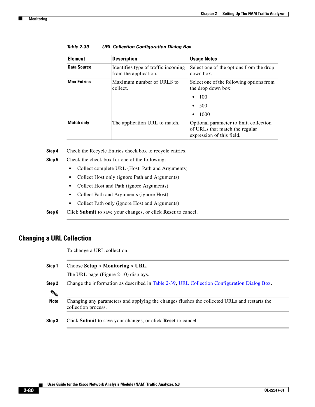 Cisco Systems 5, NAM manual Changing a URL Collection, Element Description Usage Notes, To change a URL collection 