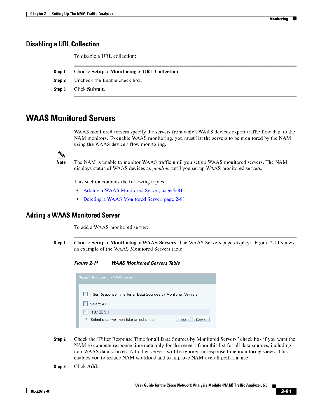 Cisco Systems NAM, 5 manual Waas Monitored Servers, Disabling a URL Collection, Adding a Waas Monitored Server 