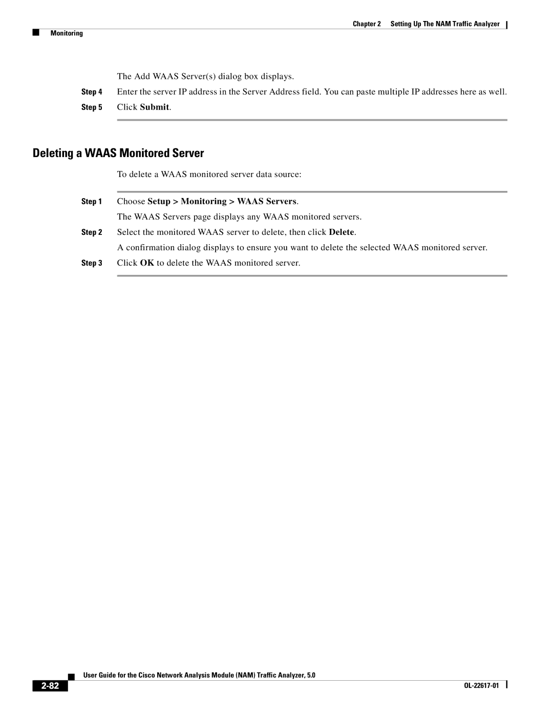 Cisco Systems 5, NAM manual Deleting a Waas Monitored Server, To delete a Waas monitored server data source 