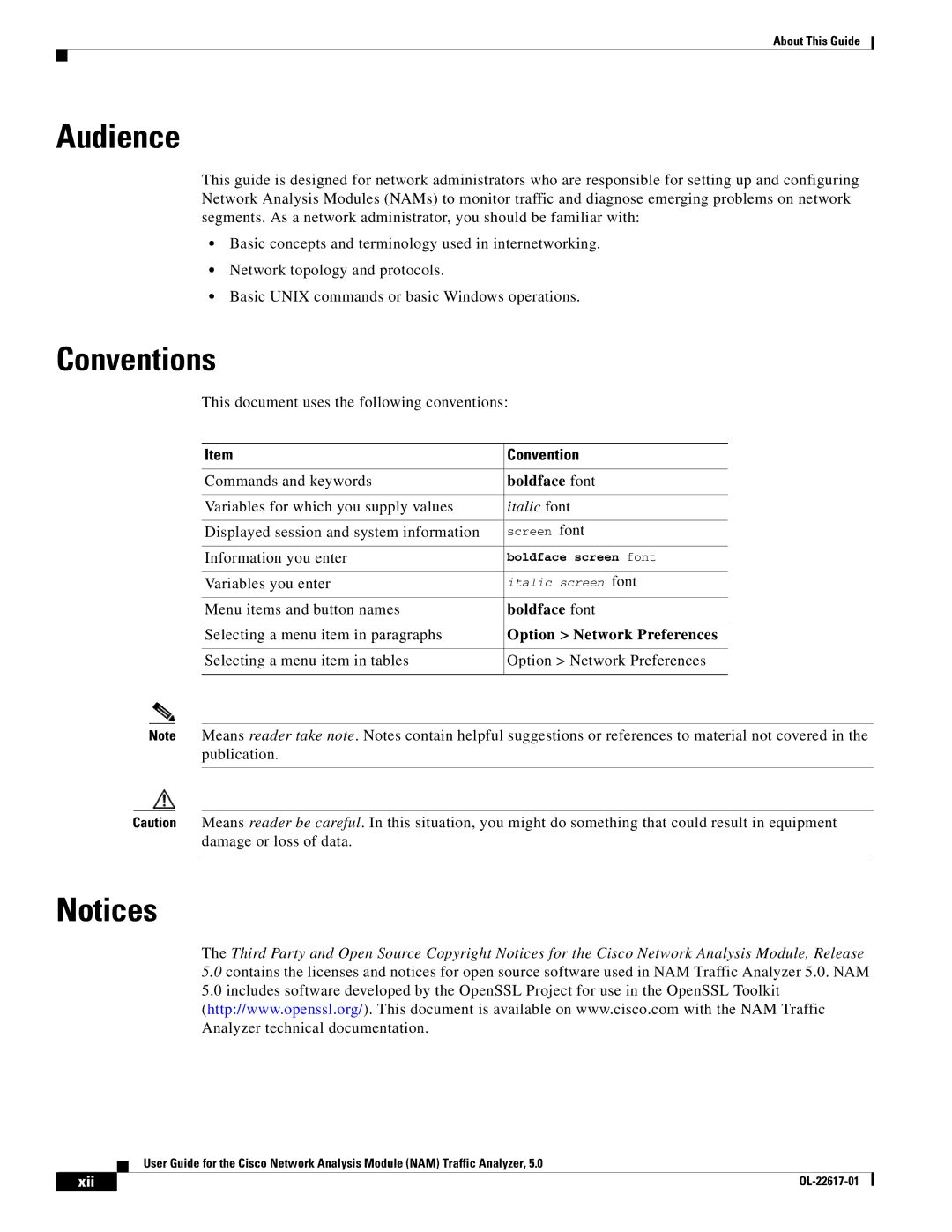 Cisco Systems 5, NAM manual Audience, Conventions, Boldface font, Option Network Preferences 