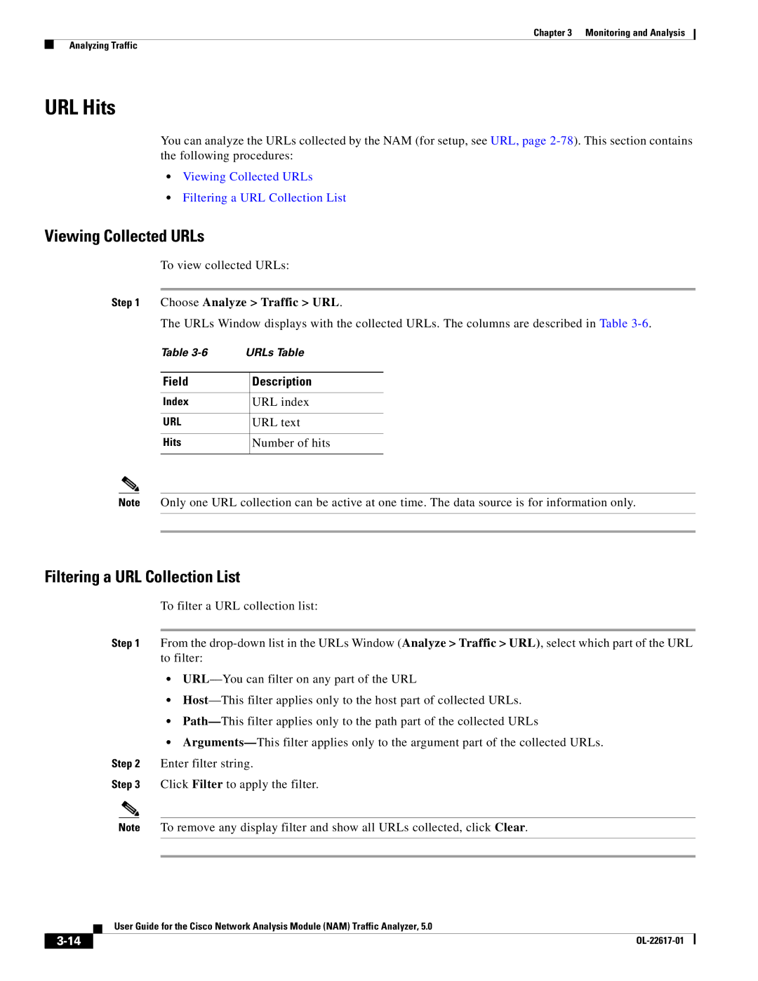 Cisco Systems 5, NAM manual URL Hits, Viewing Collected URLs, Filtering a URL Collection List, Choose Analyze Traffic URL 