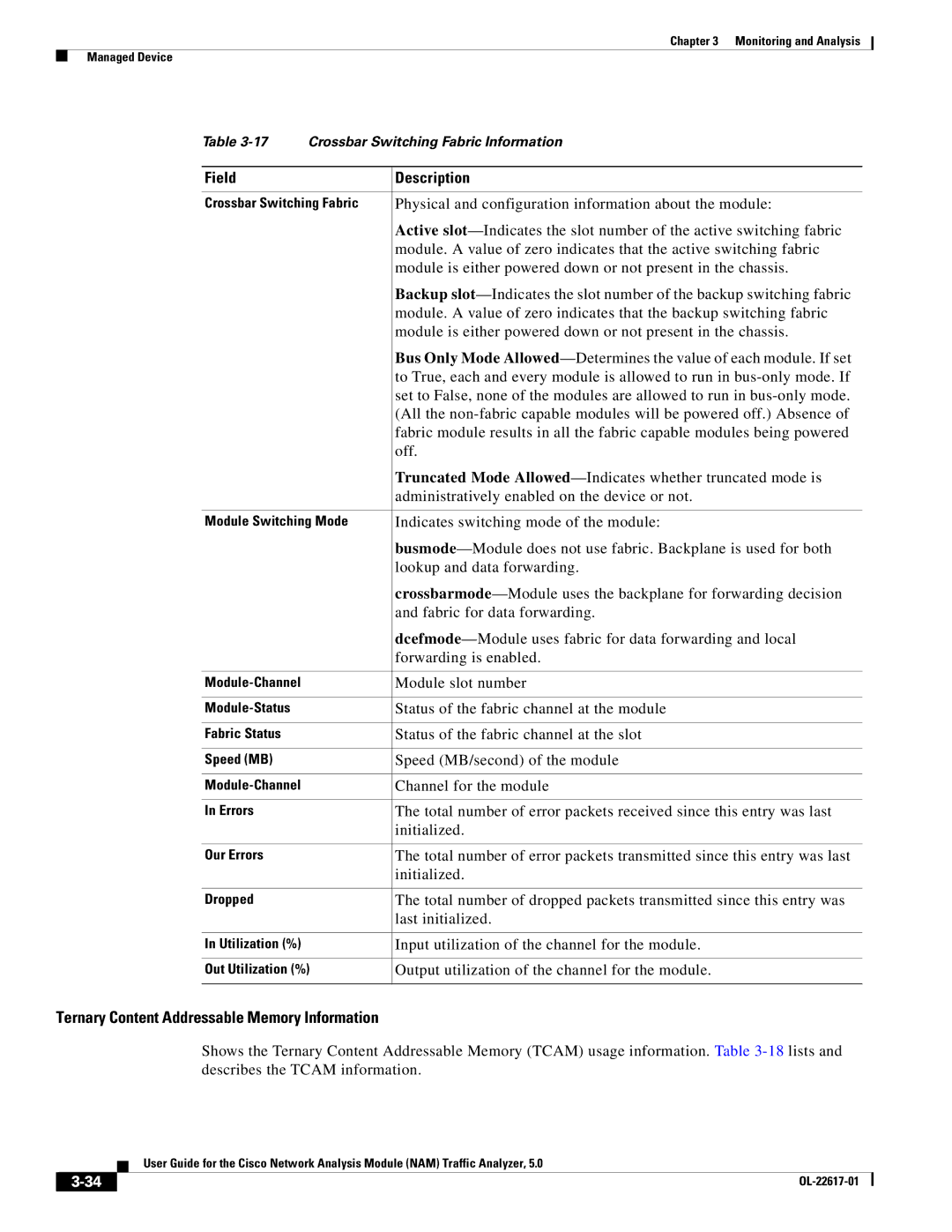 Cisco Systems 5, NAM manual Ternary Content Addressable Memory Information 