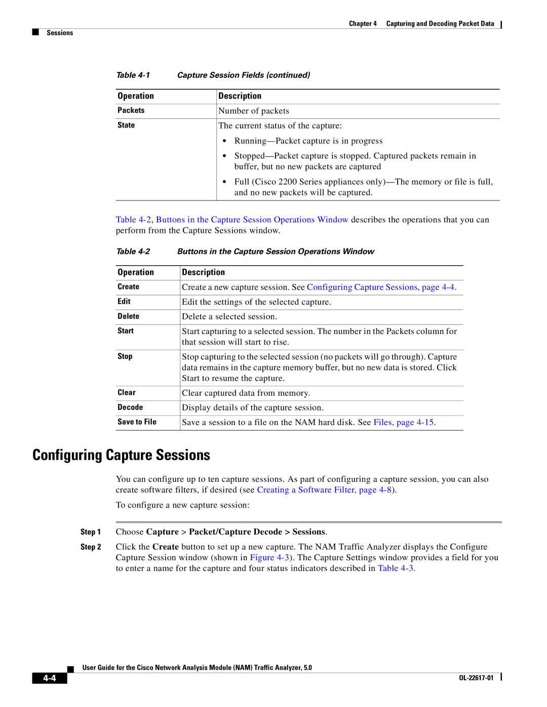 Cisco Systems 5, NAM Configuring Capture Sessions, Operation Description, Choose Capture Packet/Capture Decode Sessions 