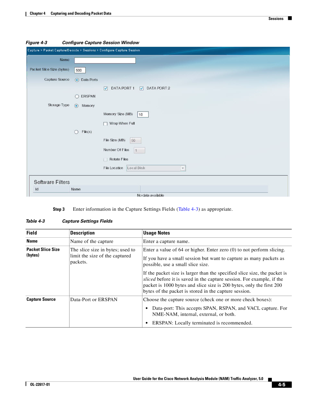 Cisco Systems NAM, 5 manual Name of the capture Enter a capture name, Configure Capture Session Window 