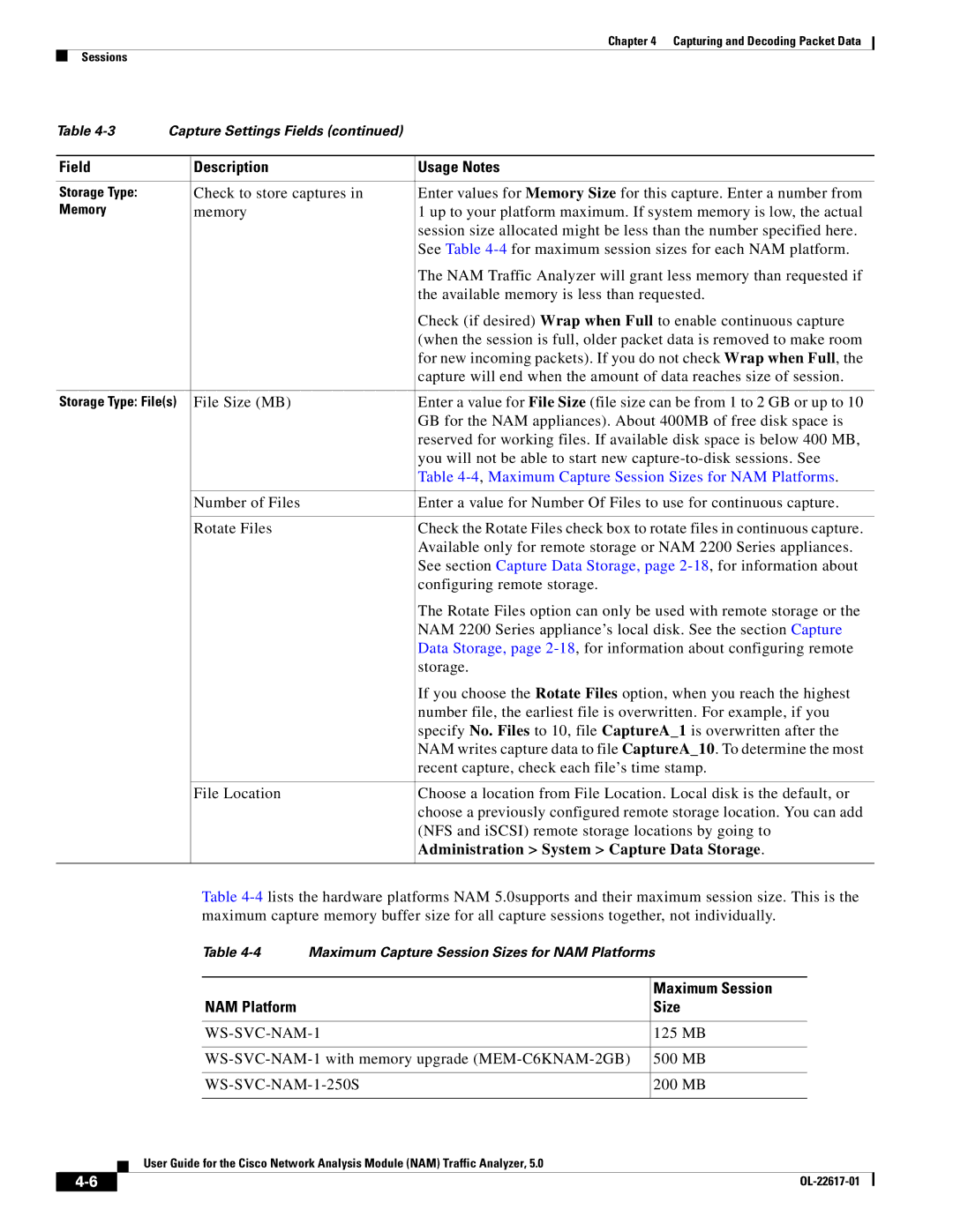 Cisco Systems 5 manual Maximum Capture Session Sizes for NAM Platforms, Administration System Capture Data Storage 