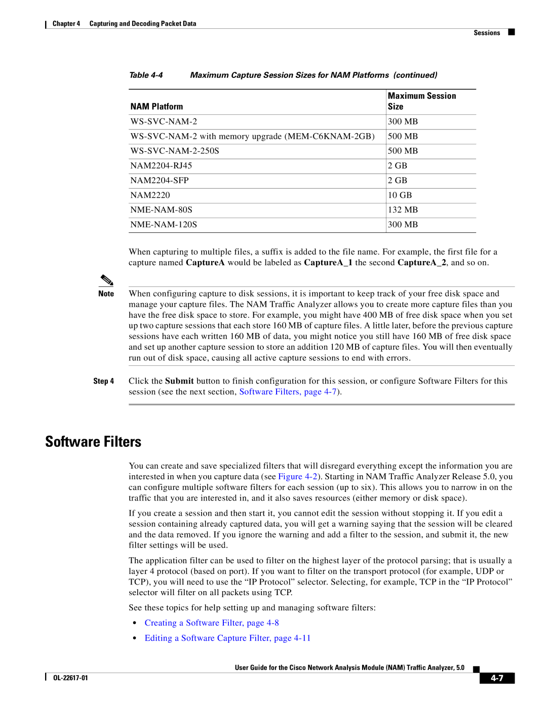 Cisco Systems 5 manual Software Filters, Maximum Session, NAM Platform Size, 300 MB, 132 MB 