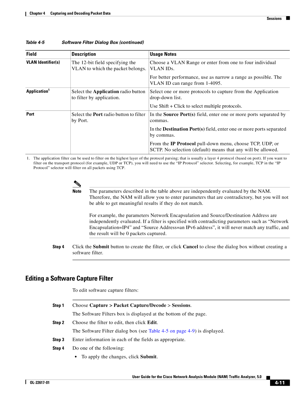 Cisco Systems NAM, 5 manual Editing a Software Capture Filter, To edit software capture filters 