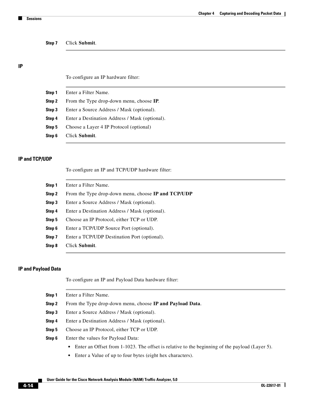 Cisco Systems 5, NAM manual IP and TCP/UDP, IP and Payload Data 