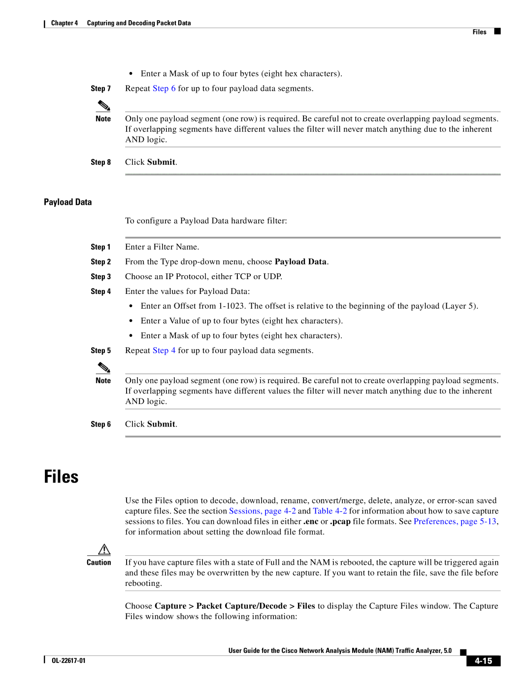 Cisco Systems NAM, 5 manual Files, Payload Data 