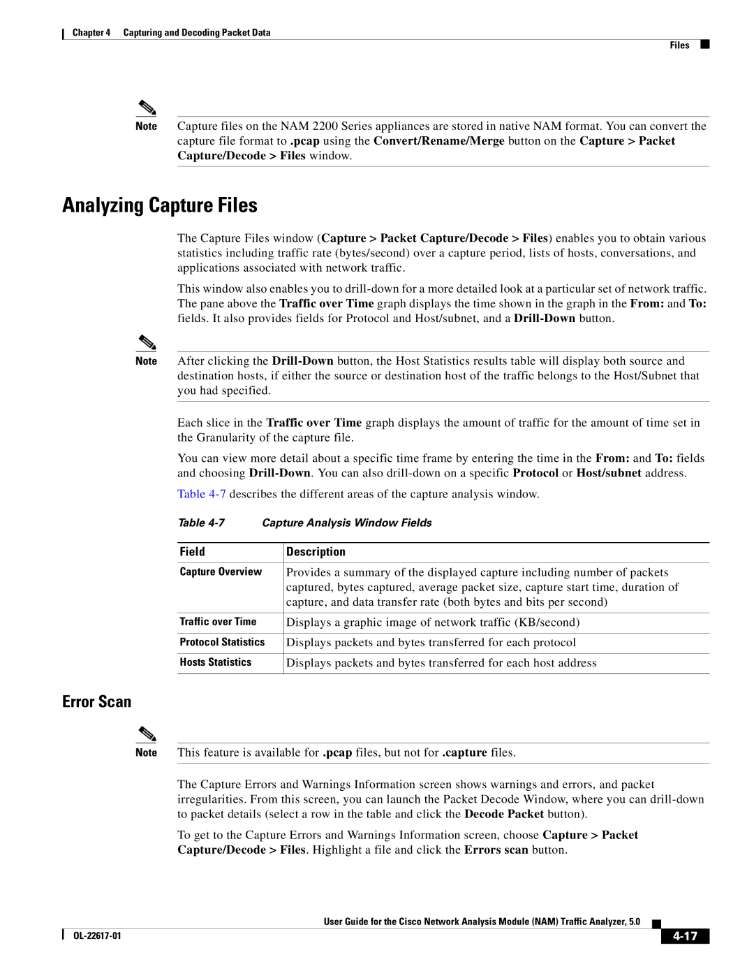 Cisco Systems NAM, 5 manual Analyzing Capture Files, Error Scan, Displays a graphic image of network traffic KB/second 