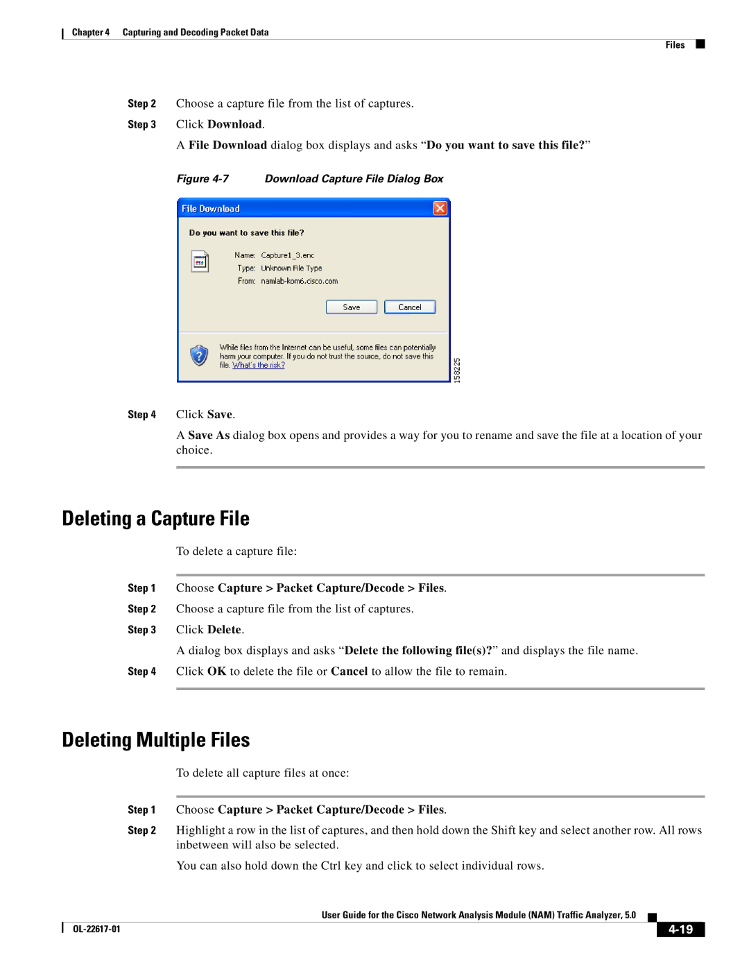 Cisco Systems NAM, 5 manual Deleting a Capture File, Deleting Multiple Files 