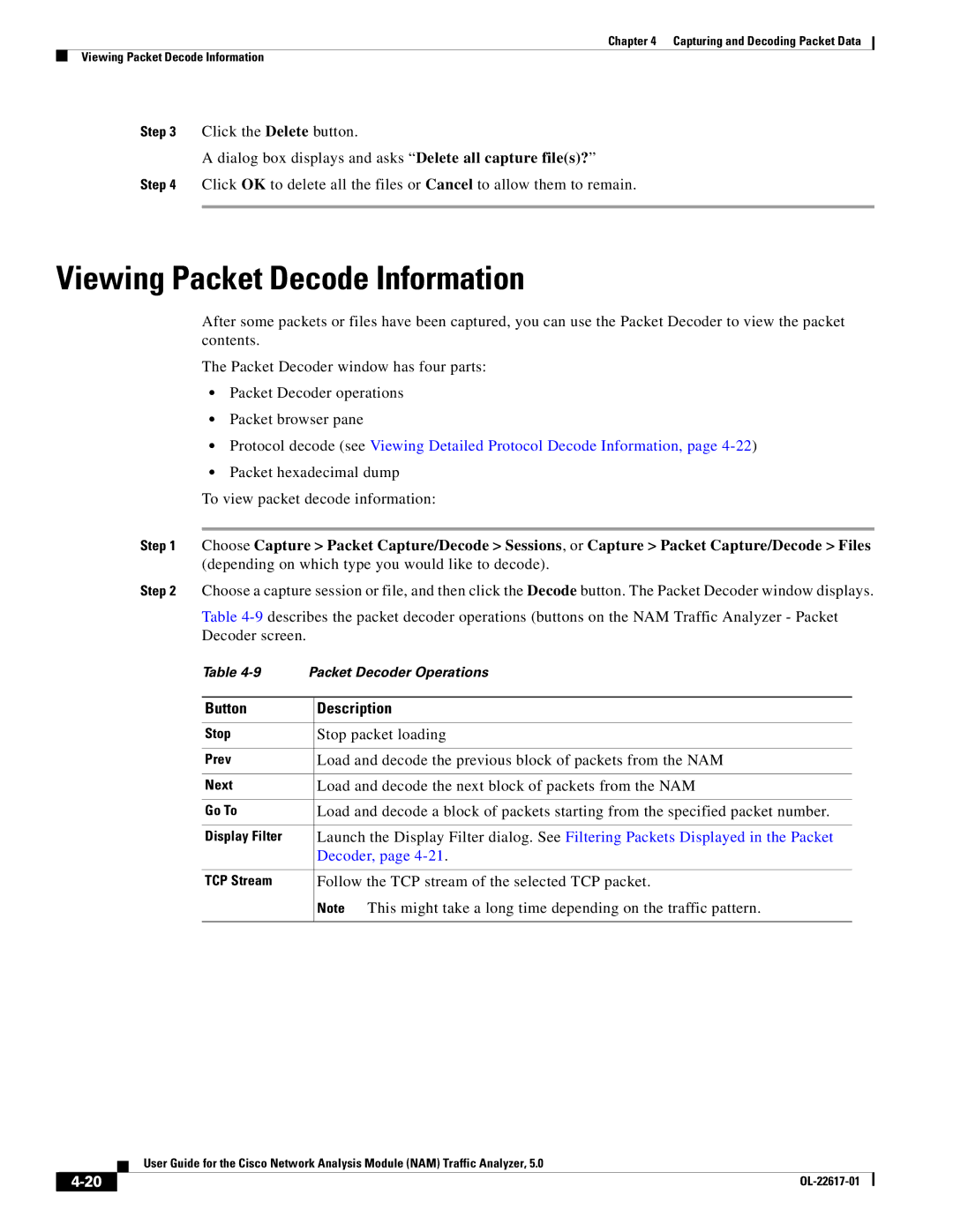 Cisco Systems 5 Viewing Packet Decode Information, Stop packet loading, Follow the TCP stream of the selected TCP packet 