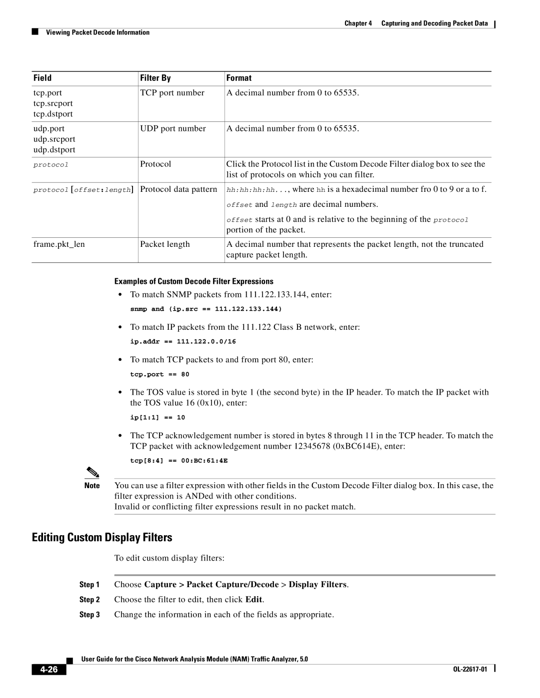 Cisco Systems 5, NAM Editing Custom Display Filters, Field Filter By Format, Examples of Custom Decode Filter Expressions 