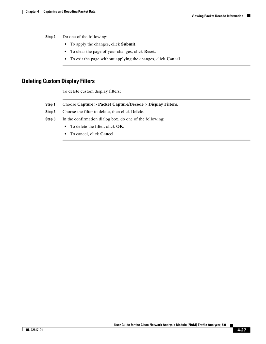 Cisco Systems NAM, 5 manual Deleting Custom Display Filters, To delete custom display filters 