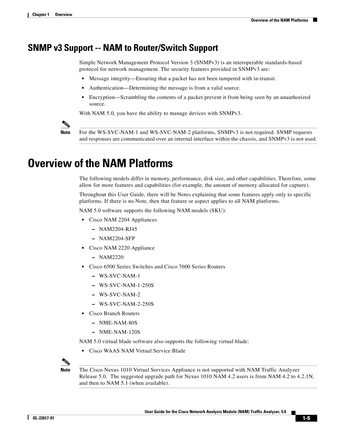 Cisco Systems manual Overview of the NAM Platforms, Snmp v3 Support -- NAM to Router/Switch Support, WS-SVC-NAM-1-250S 